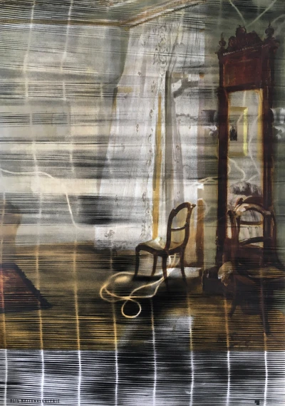 Alexandra Leykauf, 2020,
Das Gartenzimmer (Adolf Menzel),
Offset Druck (Museumsposter), Farbspray,
je 83 x 59 cm,
Detailansicht